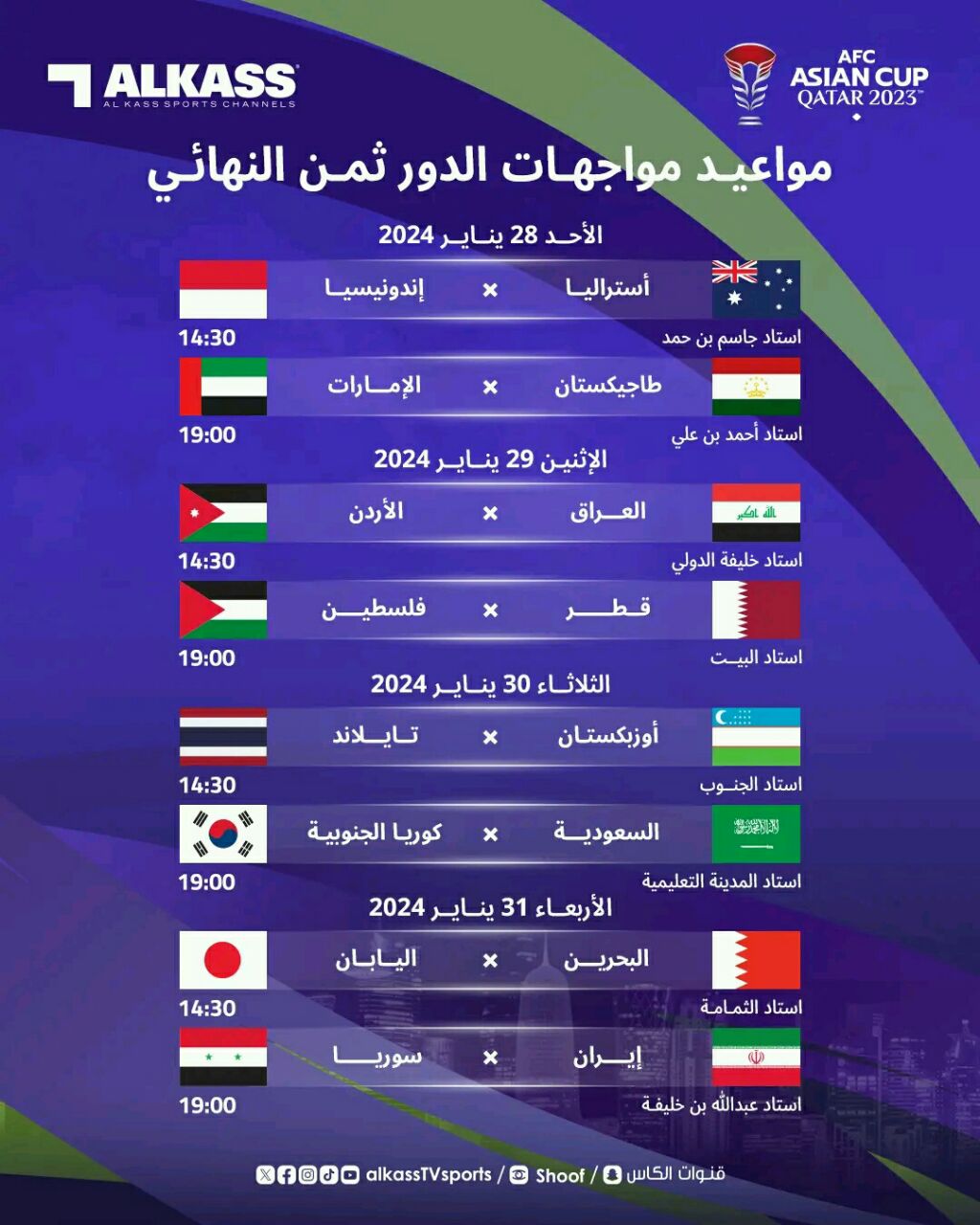 جدول مباريات دور الـ 16 في ‌ كأس اسيا 2023 ⁩ 