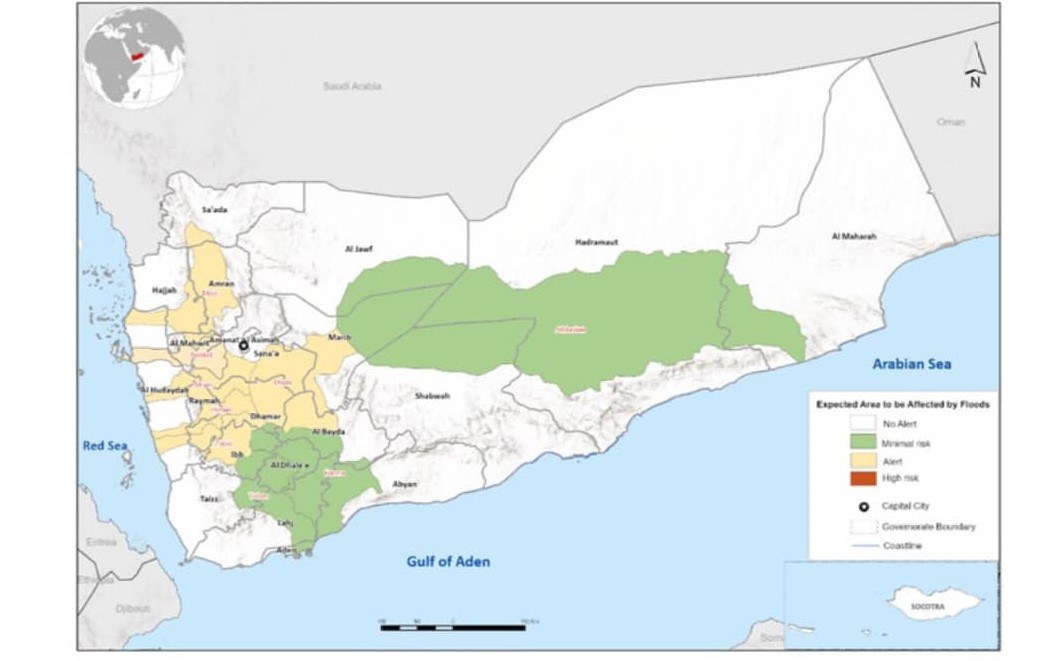 "الفاو" تحذر من فيضانات مفاجئة والأرصاد يتوقع ﻿هطول أمطار متفاوتة الشدة شمال اليمن
